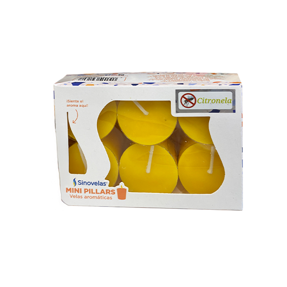 Veladora Mini Pillar Amarillo Citronela. Caja con 6 unidades. image number 2