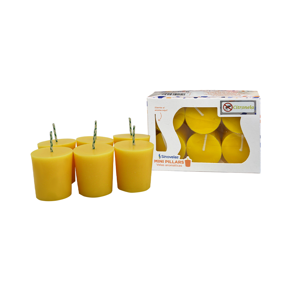 Veladora Mini Pillar Amarillo Citronela. Caja con 6 unidades.